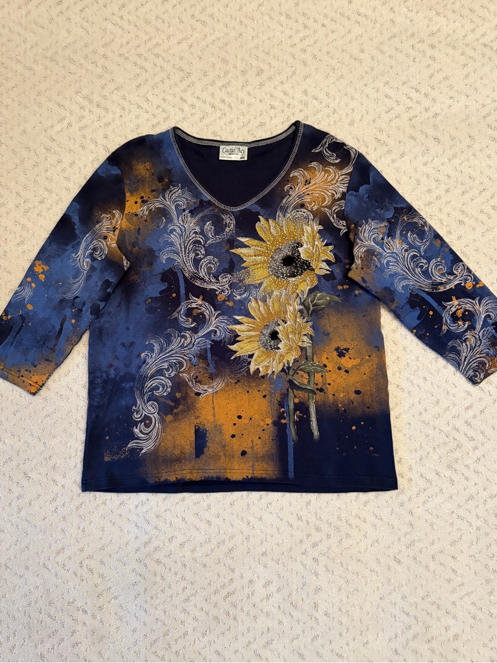 Cactus Bay Sunflower Bling Tee Size XXL Fits Like XL Cotton USA Made Blue Yellow